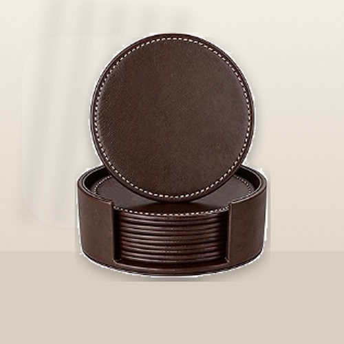 Livensio Brown Leather Coaster Set Holder