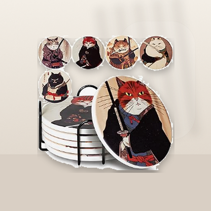 Livensio Ninja Cat Ceramic Coaster Set