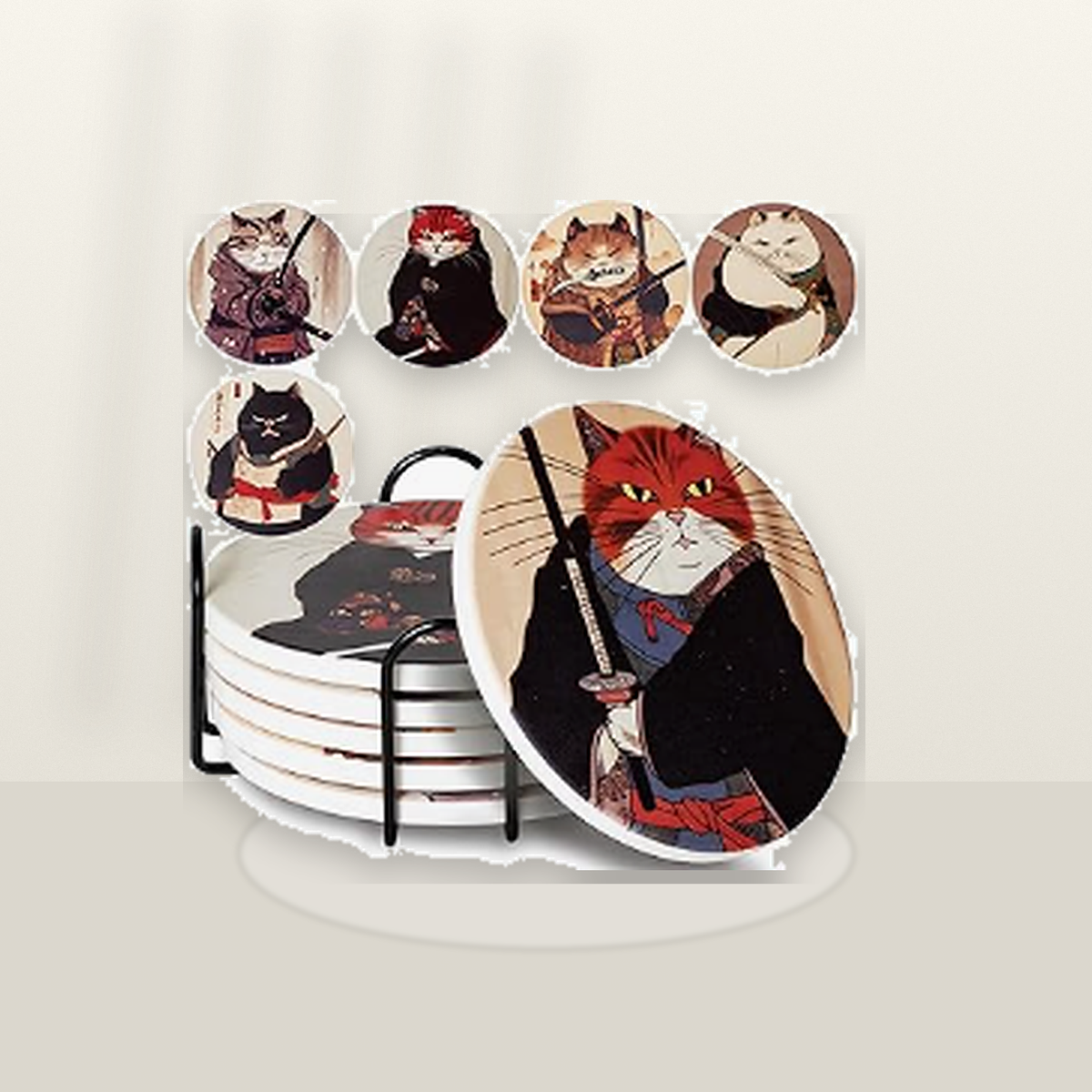 Livensio Ninja Cat Ceramic Coaster Set